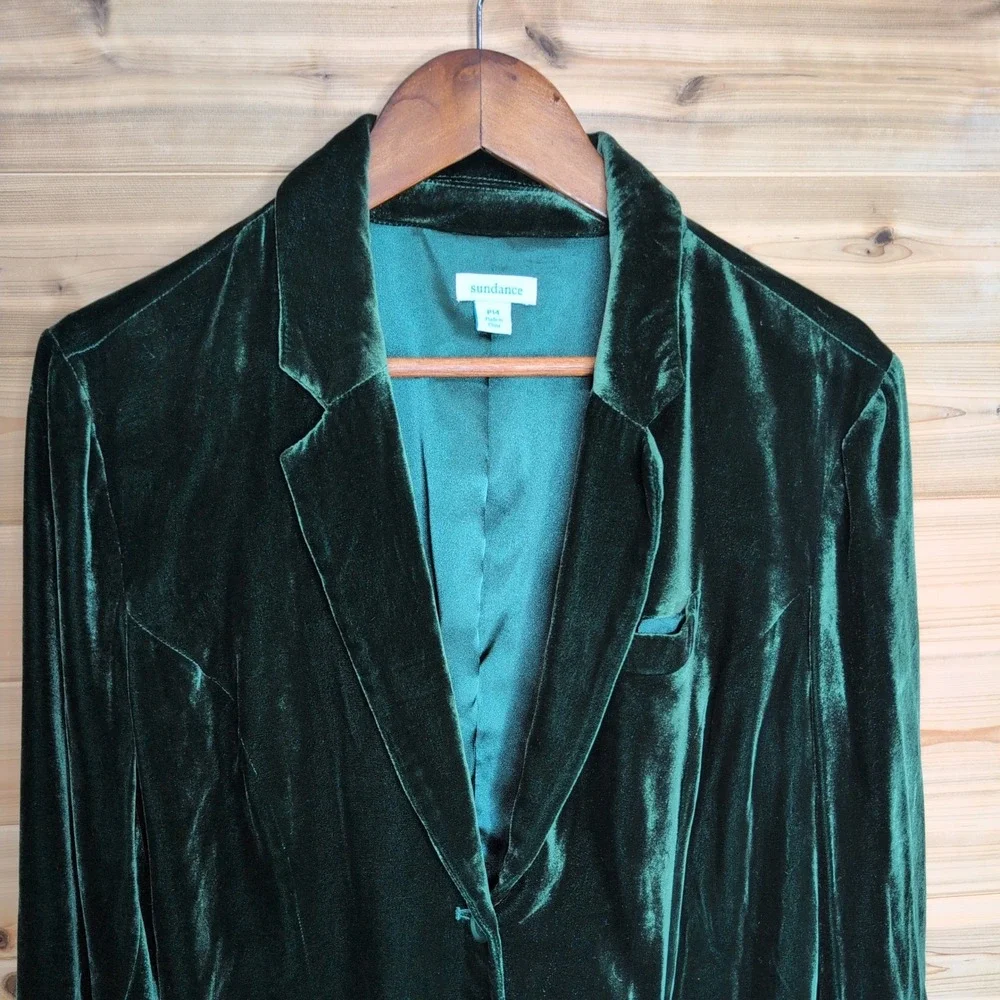 Sundance‎ Green Velvet Silk Blend Blazer Jacket Petite 14 P14 Forest Green